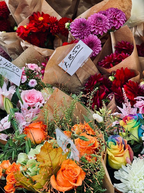 A vibrant assortment of fresh flowers including bright red dahlias, purple chrysanthemums, soft pink roses, orange roses, and multicoloured rainbow roses, all arranged in various brown kraft paper wra